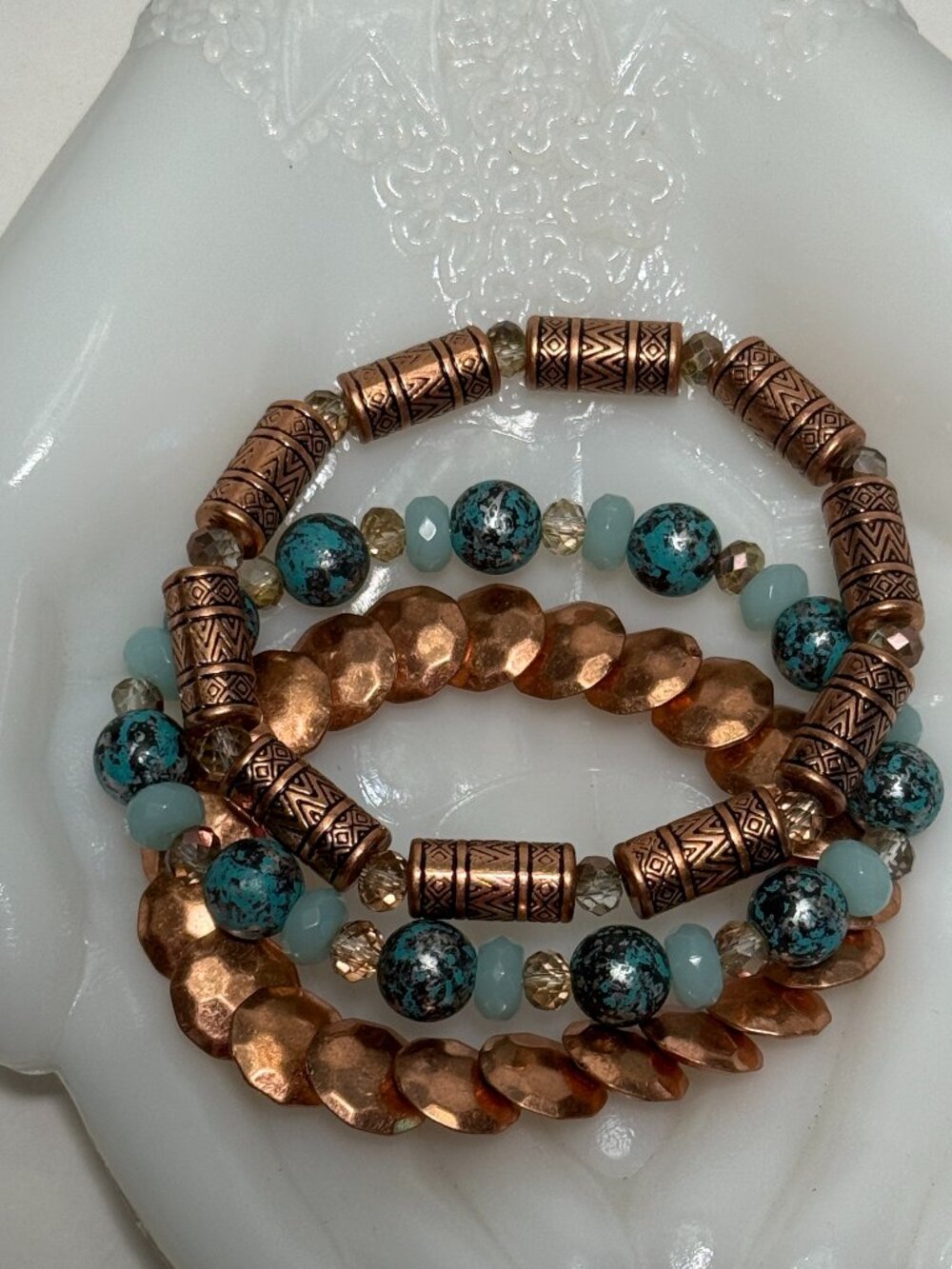 NEW 3 Stretchy Beaded Bracelets Copper Tone Hammered Turquoise Blue Beads
